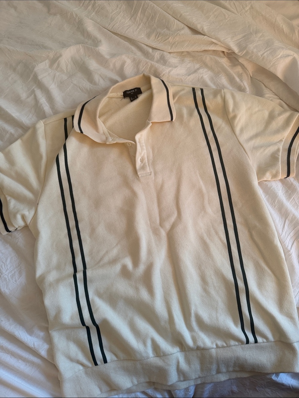 Forever 21 Cream Polo with Dark Green Double Stripes